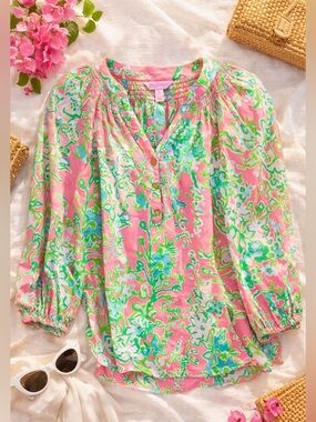 Lilly Pulitzer Elsa 100% Silk Blouse Pink Green Floral Resort Sz S